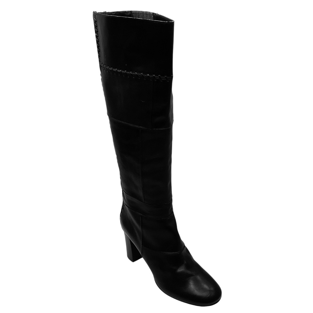 CHLOE BLACK STITCHED DETAIL TALL LEATHER BOOTS